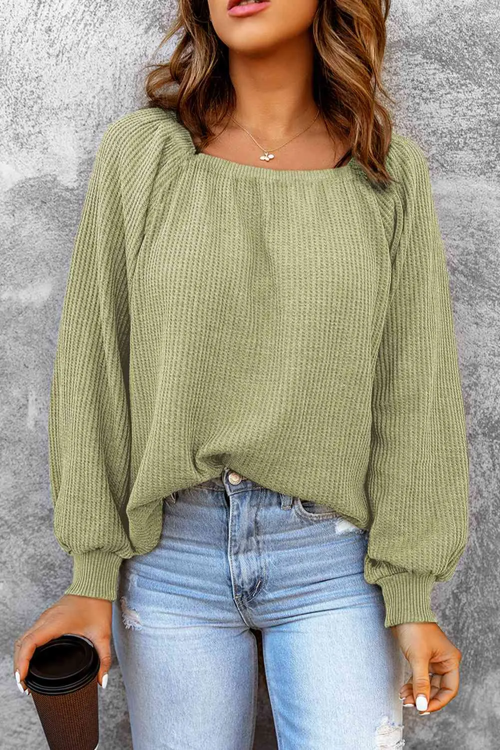 Square Neck Waffle-Knit Top (10 Colors)