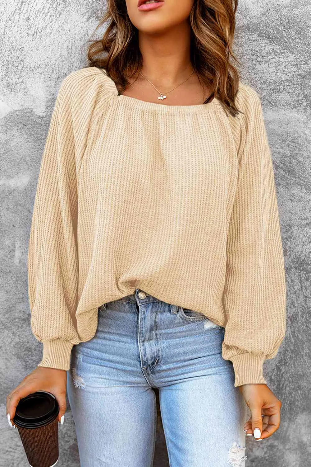 Square Neck Waffle-Knit Top (10 Colors)