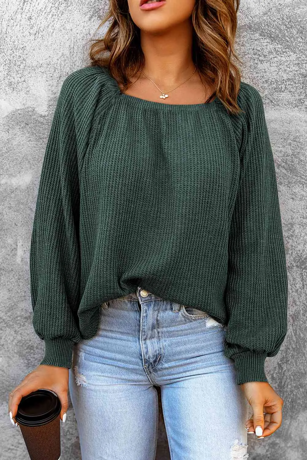 Square Neck Waffle-Knit Top (10 Colors)