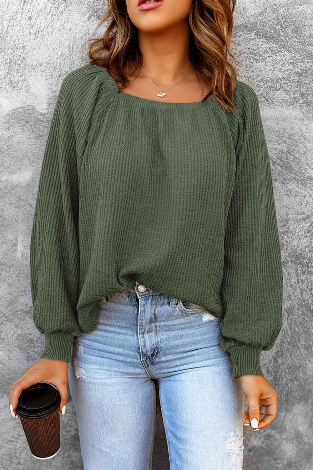 Square Neck Waffle-Knit Top (10 Colors)