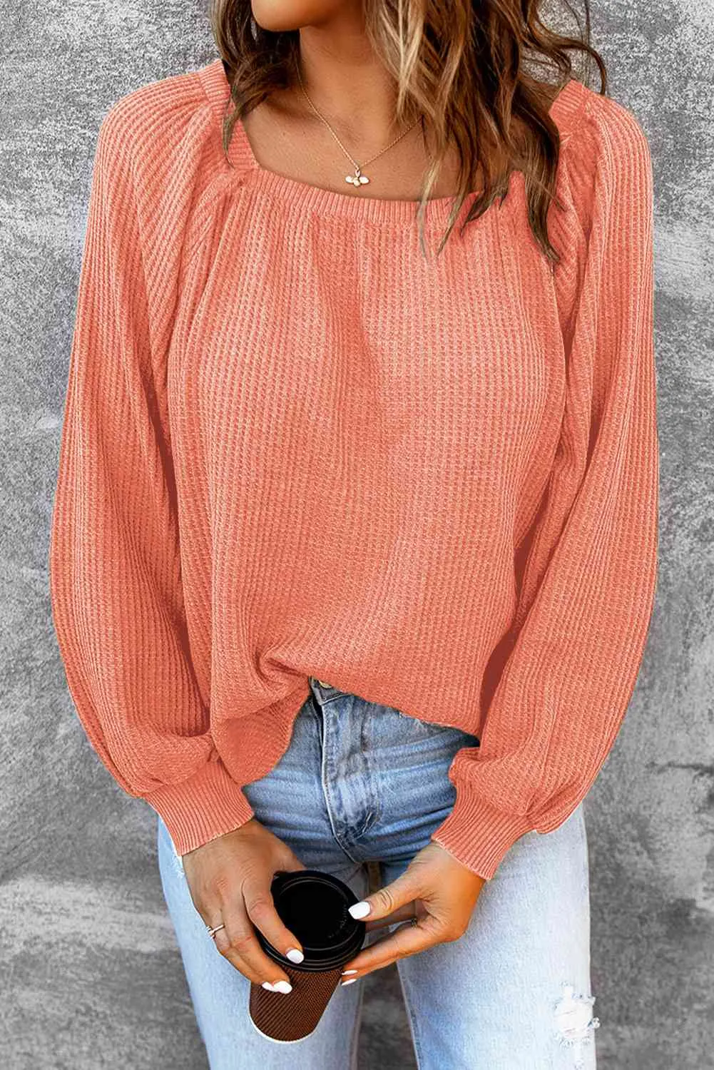 Square Neck Waffle-Knit Top (10 Colors)