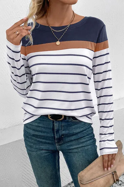 Striped Round Neck Long Sleeve Top (4 Colors)