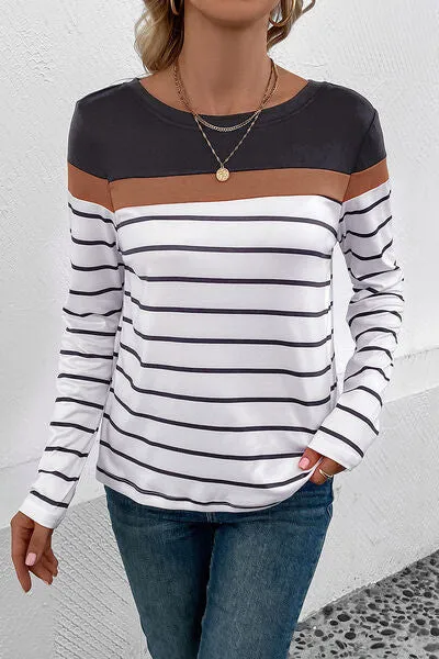Striped Round Neck Long Sleeve Top (4 Colors)