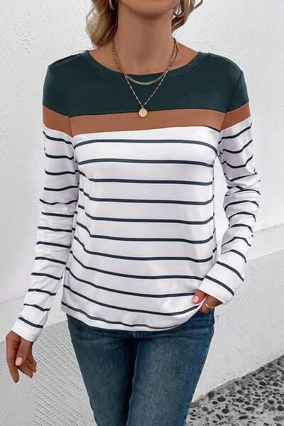 Striped Round Neck Long Sleeve Top (4 Colors)