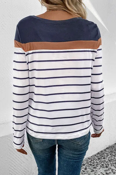 Striped Round Neck Long Sleeve Top (4 Colors)
