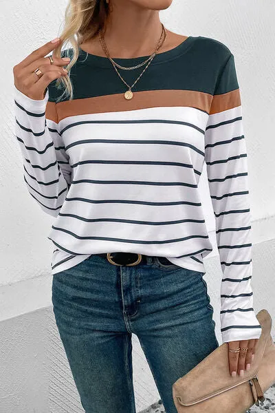Striped Round Neck Long Sleeve Top (4 Colors)