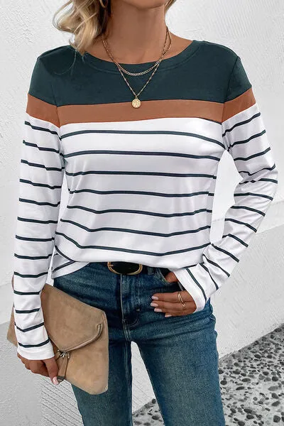 Striped Round Neck Long Sleeve Top (4 Colors)