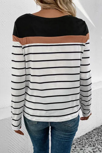Striped Round Neck Long Sleeve Top (4 Colors)