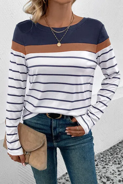 Striped Round Neck Long Sleeve Top (4 Colors)