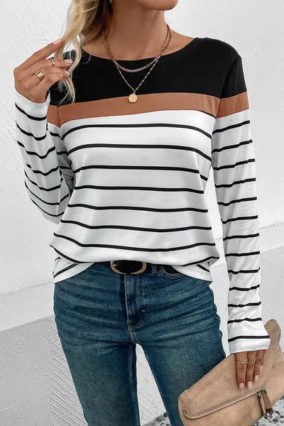 Striped Round Neck Long Sleeve Top (4 Colors)