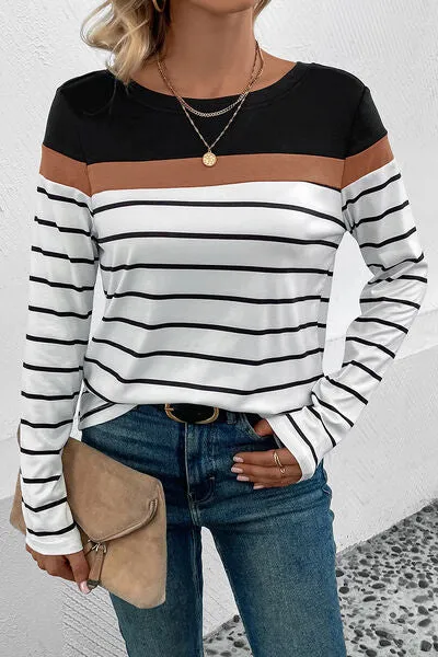 Striped Round Neck Long Sleeve Top (4 Colors)