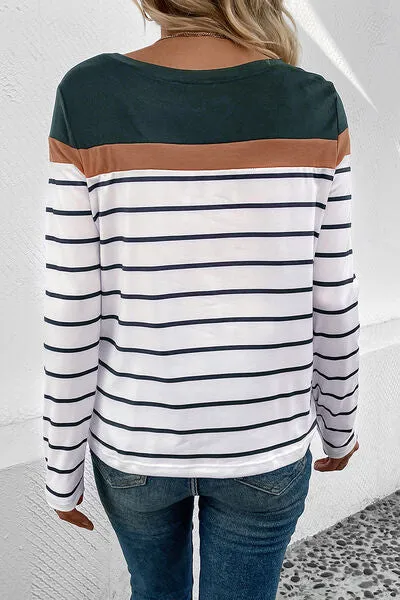 Striped Round Neck Long Sleeve Top (4 Colors)