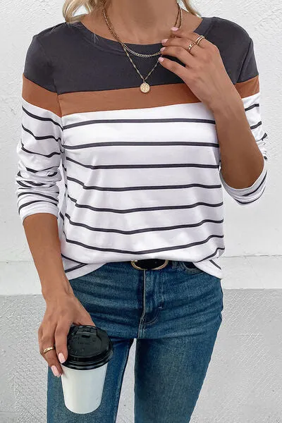 Striped Round Neck Long Sleeve Top (4 Colors)