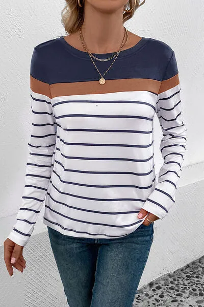 Striped Round Neck Long Sleeve Top (4 Colors)