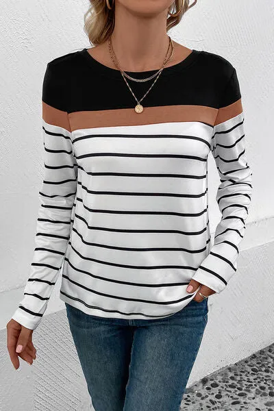 Striped Round Neck Long Sleeve Top (4 Colors)