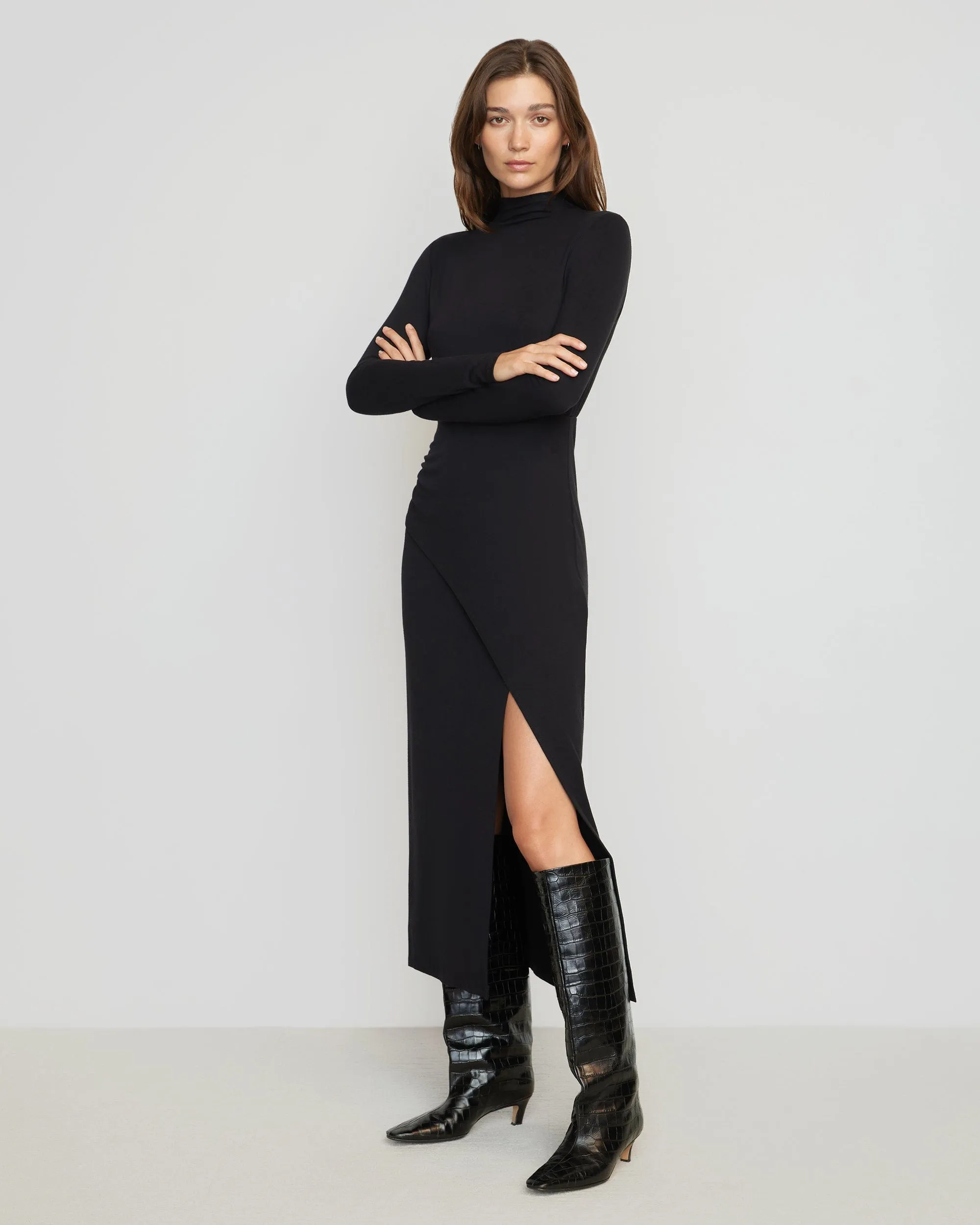 Suki Mock-Neck Side-Slit Dress