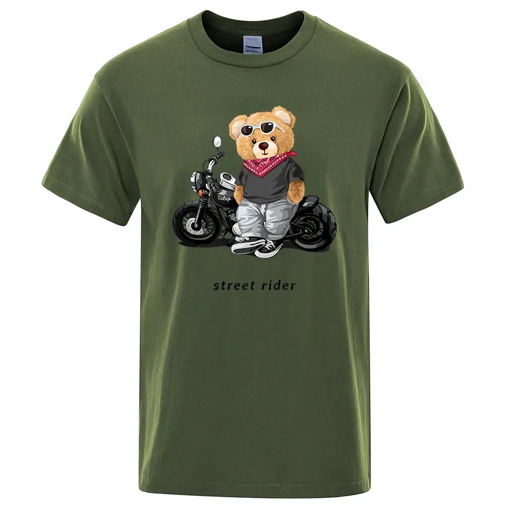 T-shirt mode Teddy rider / Motorcycle Enthusiast Street Teddy Rider Printed T-Shirt Men Loose Casual Short Sleeves Summer Breathable Tee Cotton Clothing