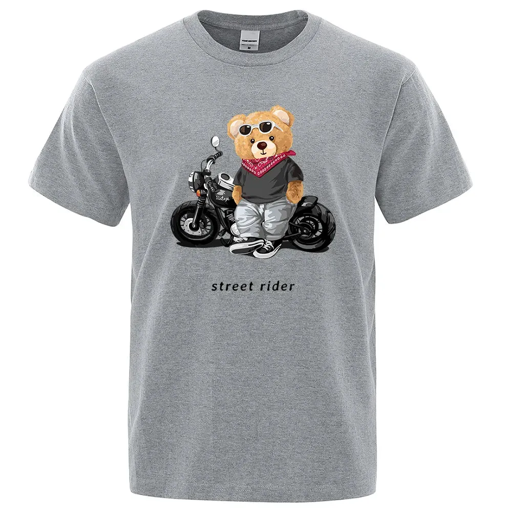 T-shirt mode Teddy rider / Motorcycle Enthusiast Street Teddy Rider Printed T-Shirt Men Loose Casual Short Sleeves Summer Breathable Tee Cotton Clothing