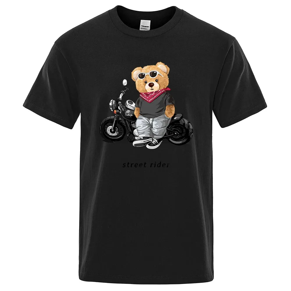 T-shirt mode Teddy rider / Motorcycle Enthusiast Street Teddy Rider Printed T-Shirt Men Loose Casual Short Sleeves Summer Breathable Tee Cotton Clothing