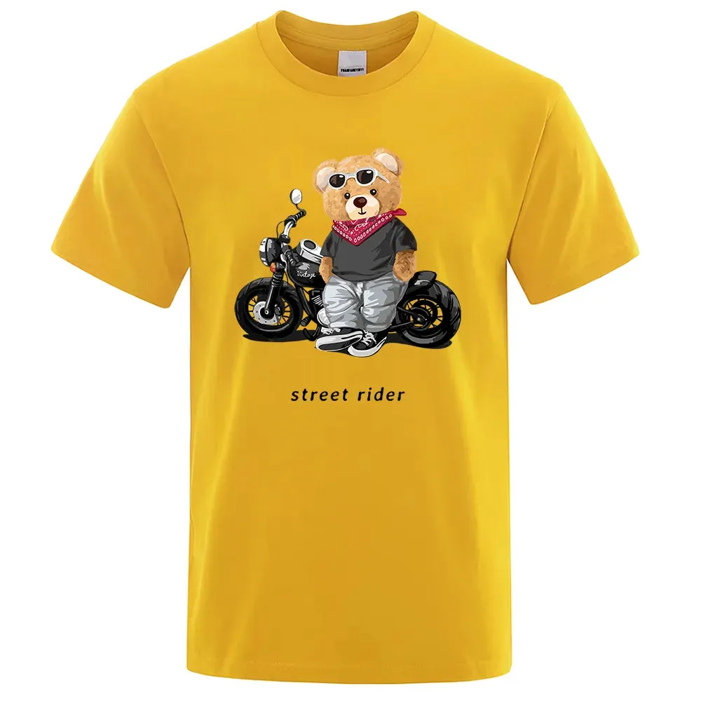 T-shirt mode Teddy rider / Motorcycle Enthusiast Street Teddy Rider Printed T-Shirt Men Loose Casual Short Sleeves Summer Breathable Tee Cotton Clothing