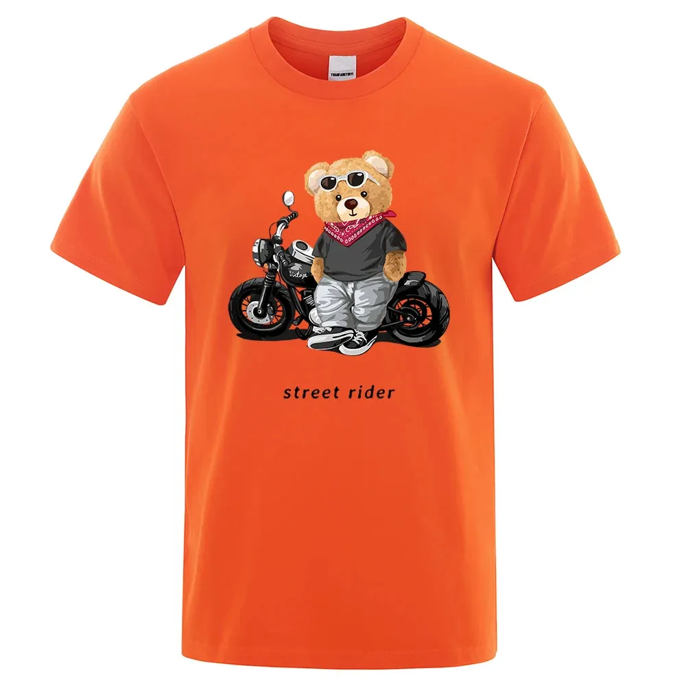 T-shirt mode Teddy rider / Motorcycle Enthusiast Street Teddy Rider Printed T-Shirt Men Loose Casual Short Sleeves Summer Breathable Tee Cotton Clothing