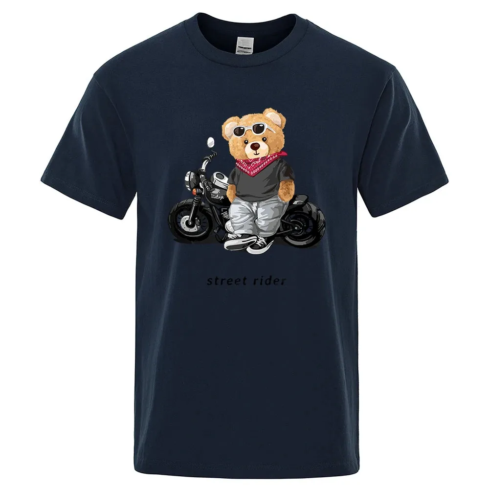 T-shirt mode Teddy rider / Motorcycle Enthusiast Street Teddy Rider Printed T-Shirt Men Loose Casual Short Sleeves Summer Breathable Tee Cotton Clothing