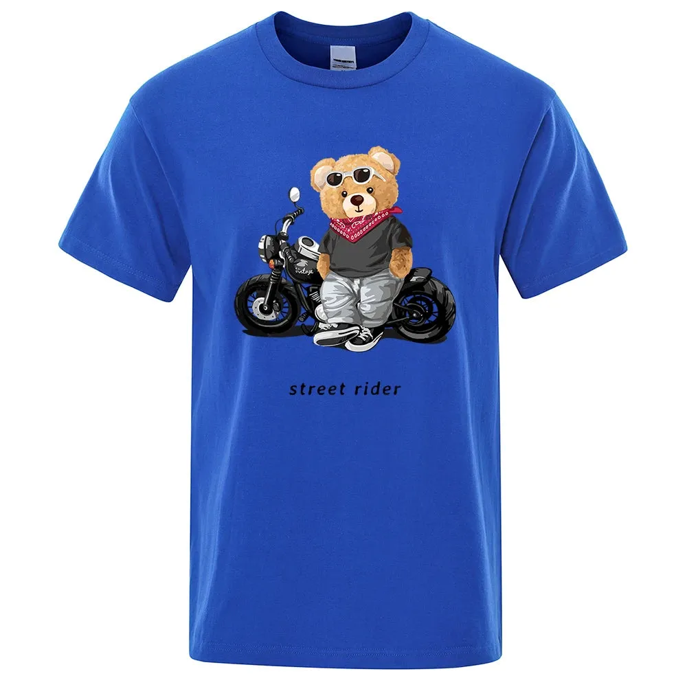T-shirt mode Teddy rider / Motorcycle Enthusiast Street Teddy Rider Printed T-Shirt Men Loose Casual Short Sleeves Summer Breathable Tee Cotton Clothing