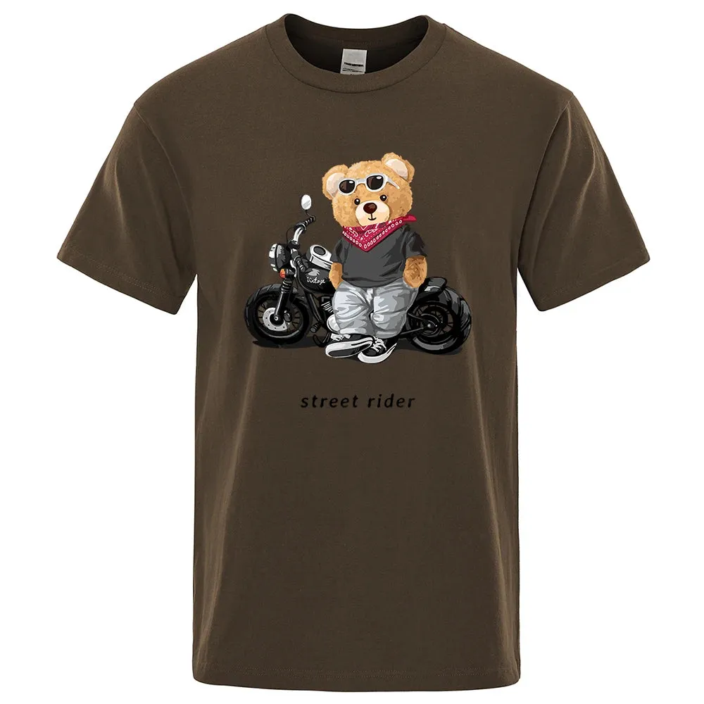 T-shirt mode Teddy rider / Motorcycle Enthusiast Street Teddy Rider Printed T-Shirt Men Loose Casual Short Sleeves Summer Breathable Tee Cotton Clothing