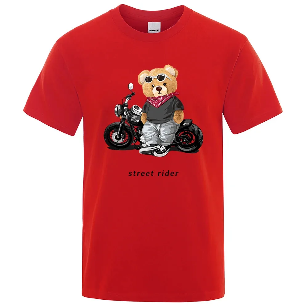 T-shirt mode Teddy rider / Motorcycle Enthusiast Street Teddy Rider Printed T-Shirt Men Loose Casual Short Sleeves Summer Breathable Tee Cotton Clothing