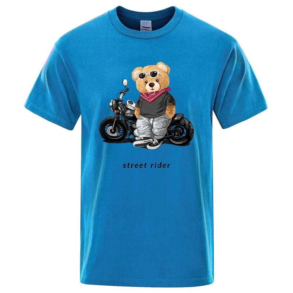 T-shirt mode Teddy rider / Motorcycle Enthusiast Street Teddy Rider Printed T-Shirt Men Loose Casual Short Sleeves Summer Breathable Tee Cotton Clothing