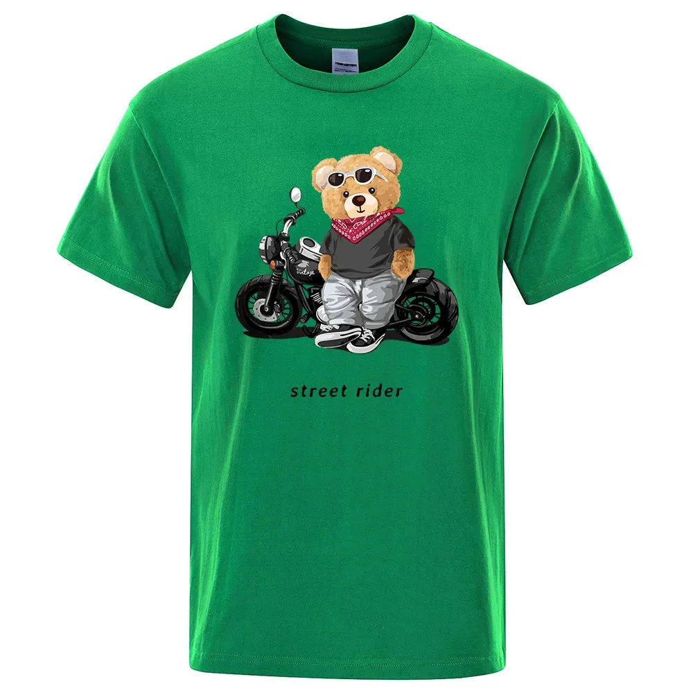 T-shirt mode Teddy rider / Motorcycle Enthusiast Street Teddy Rider Printed T-Shirt Men Loose Casual Short Sleeves Summer Breathable Tee Cotton Clothing
