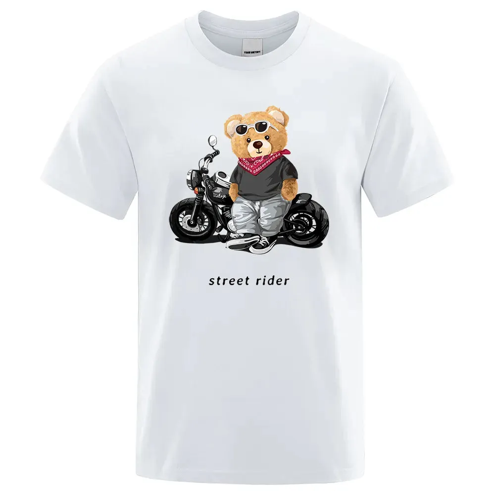 T-shirt mode Teddy rider / Motorcycle Enthusiast Street Teddy Rider Printed T-Shirt Men Loose Casual Short Sleeves Summer Breathable Tee Cotton Clothing