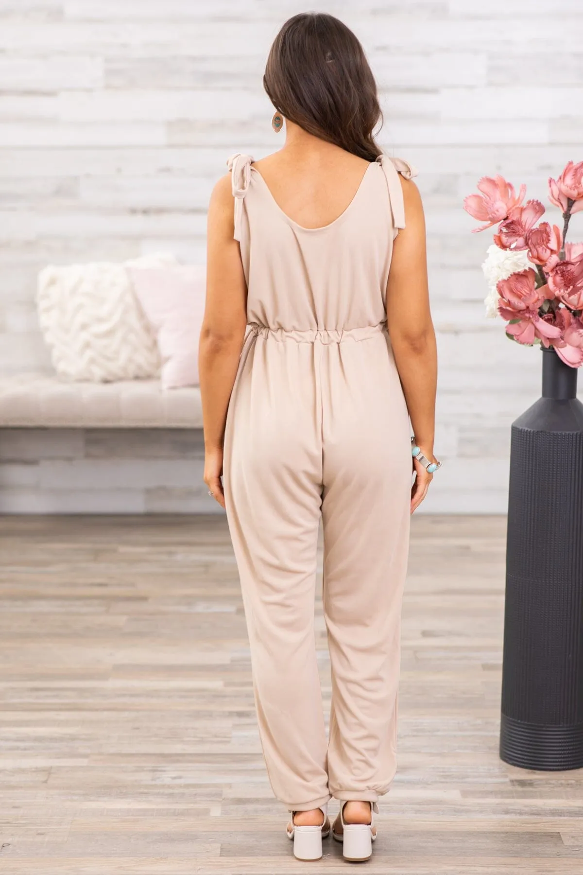 Tan Drape Neck Drawstring Waist Jumpsuit