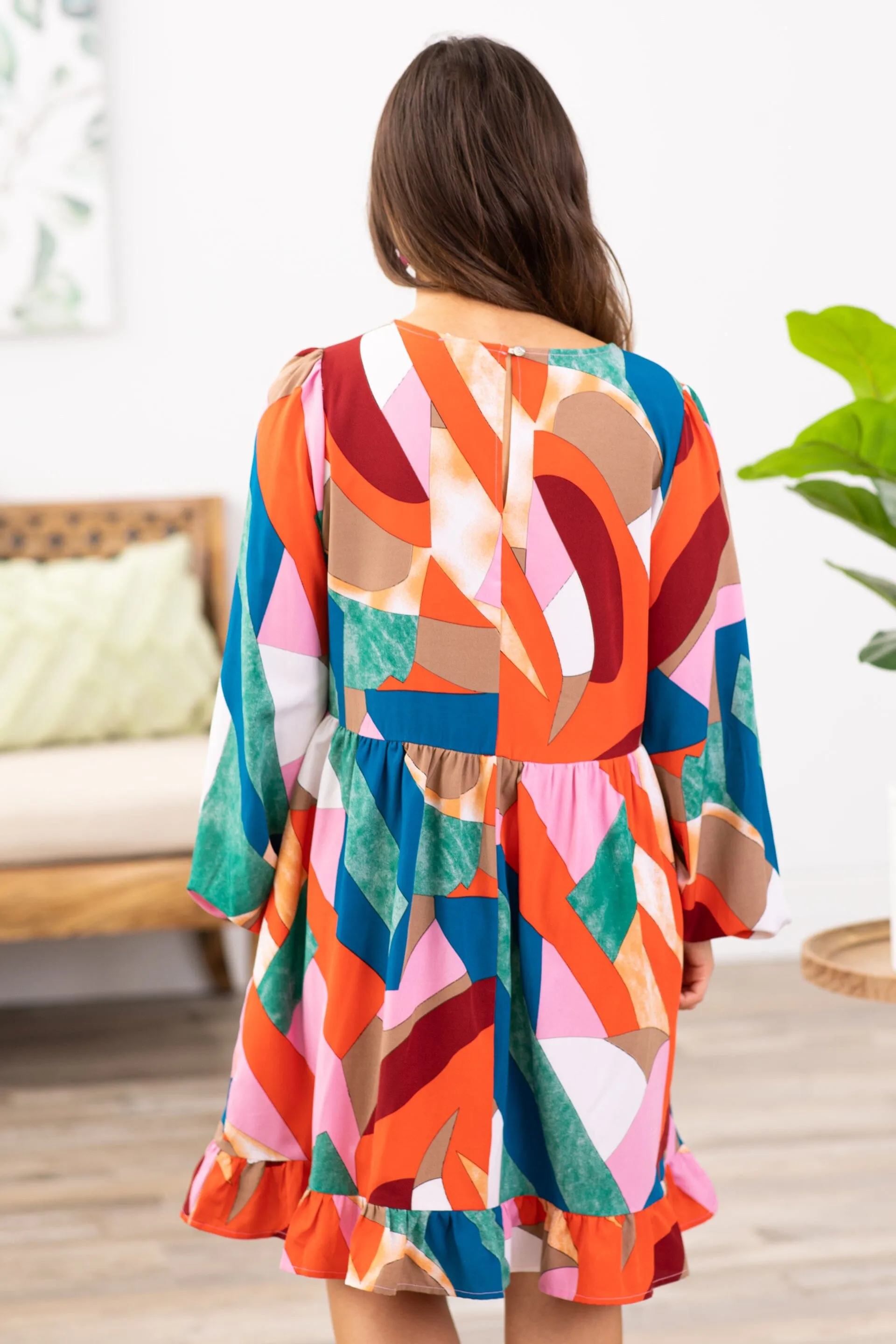 Teal Multicolor Geometric Print Dress