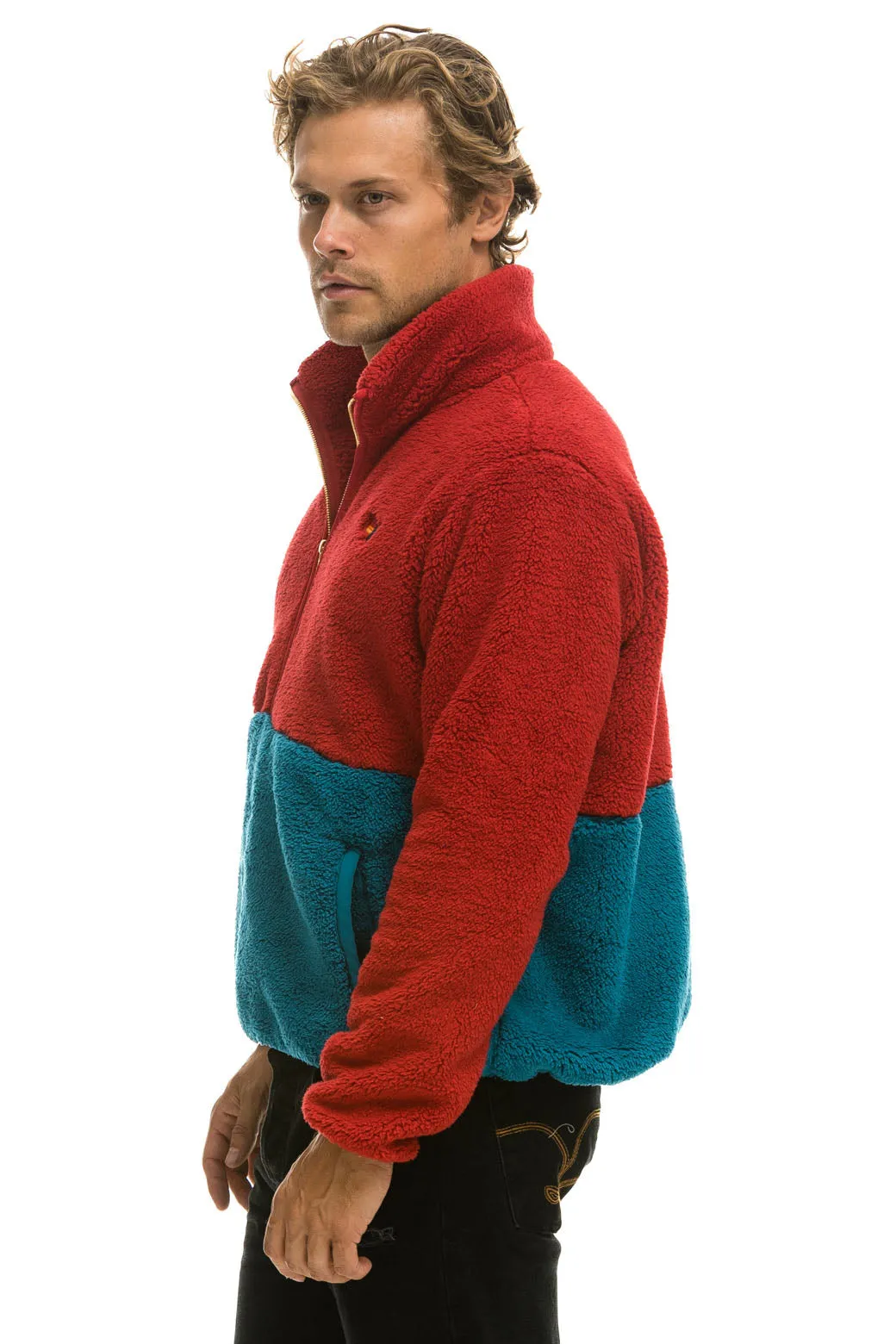 TEDDY UNISEX HALF ZIP COLOR BLOCK JACKET - CHERRY