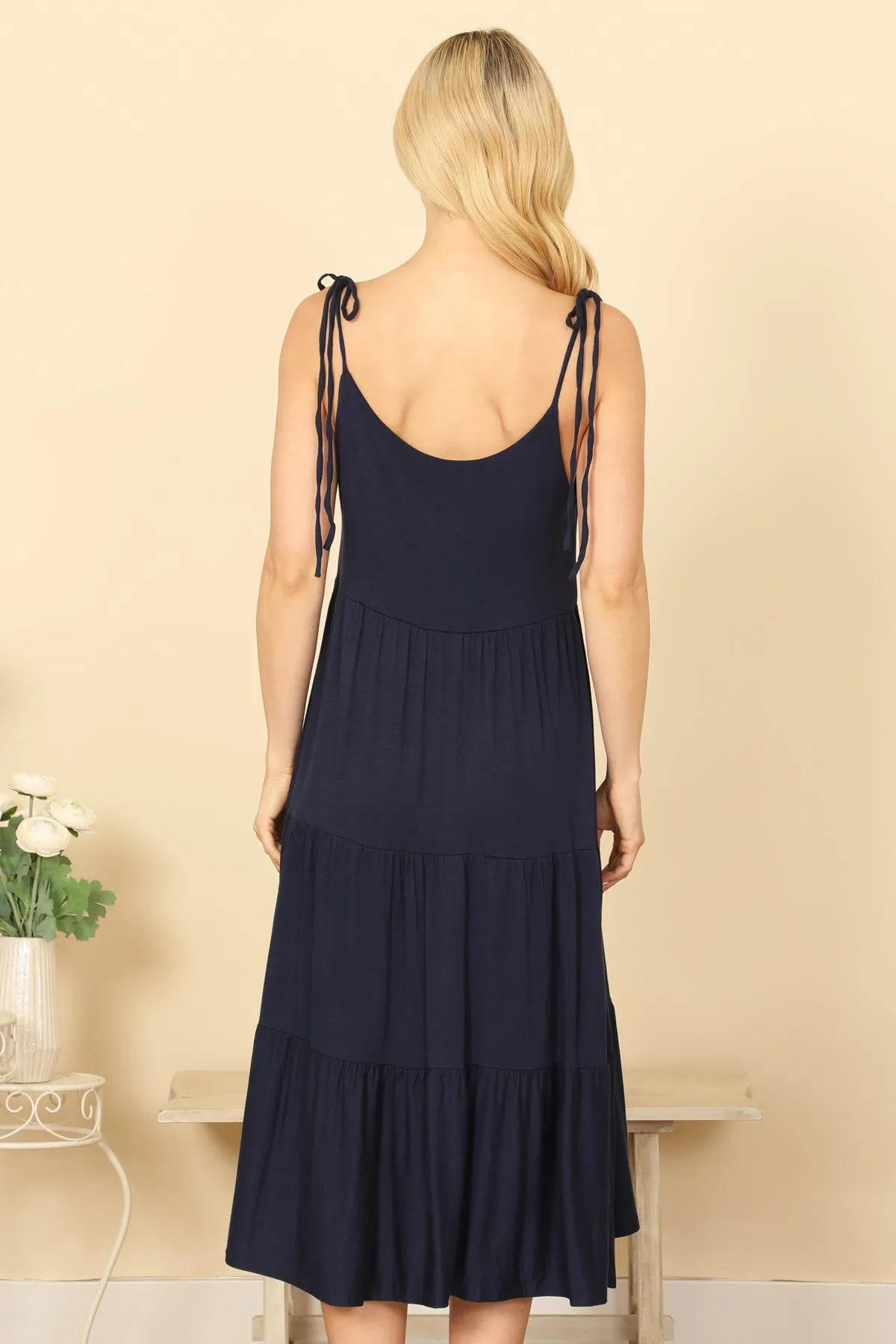 TIE STRAP TIERED SOLID MIDI DRESS
