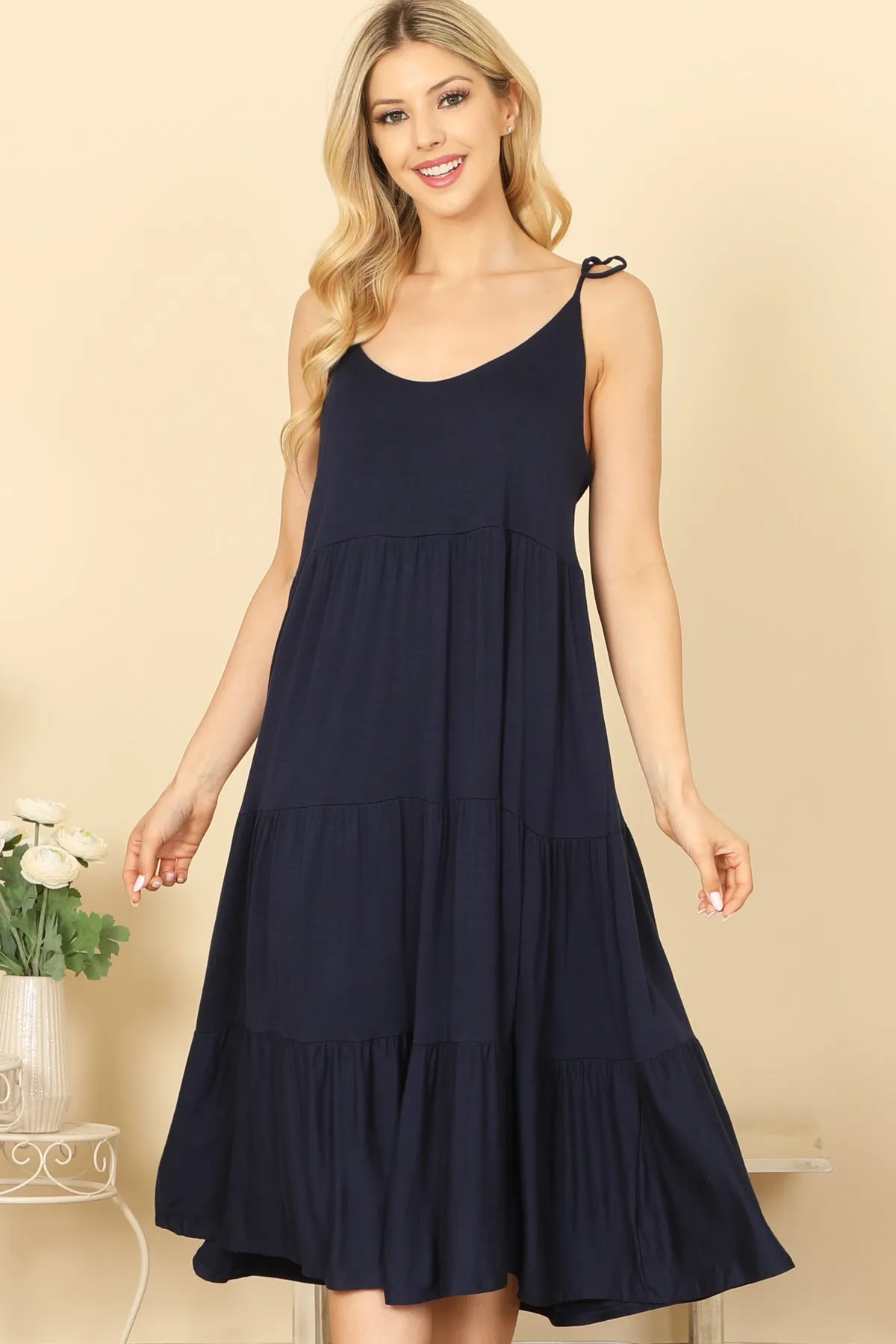 TIE STRAP TIERED SOLID MIDI DRESS