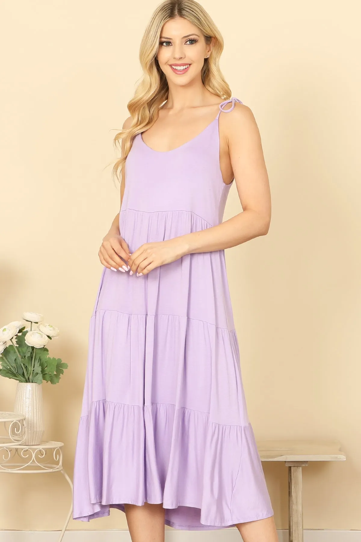 TIE STRAP TIERED SOLID MIDI DRESS