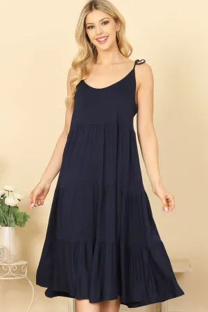 TIE STRAP TIERED SOLID MIDI DRESS