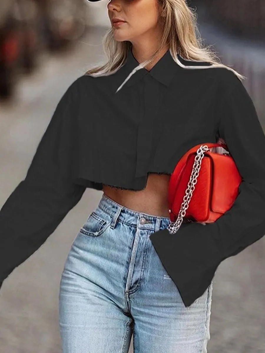 Ultra Short Solid Color Long Sleeve Shirt