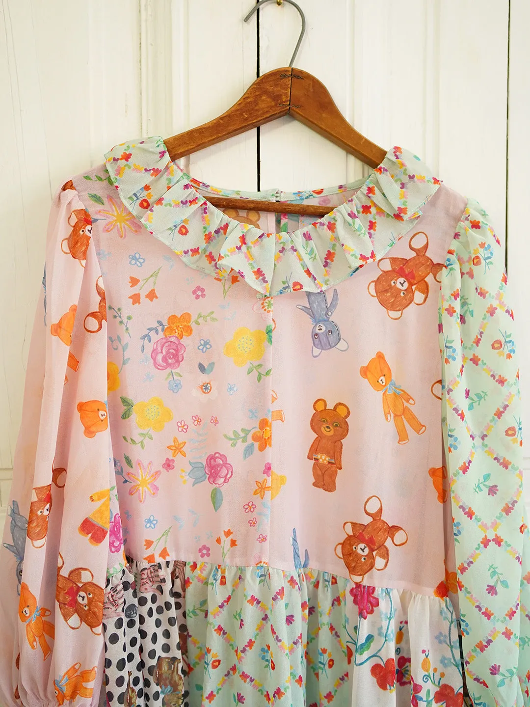 Unlogical Poem Illustrated Print Patchwork Chiffon Dress