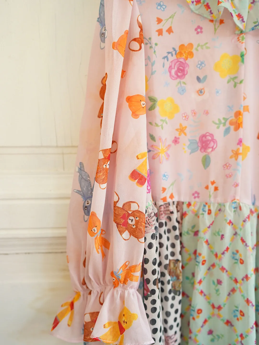 Unlogical Poem Illustrated Print Patchwork Chiffon Dress