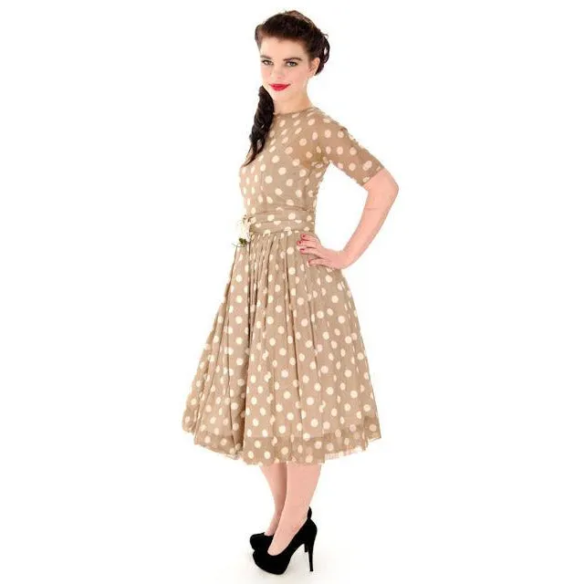 Vintage Taupe Cotton Polka Dot Dress Sheer Overlay 1950s 32-25-Free