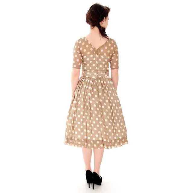 Vintage Taupe Cotton Polka Dot Dress Sheer Overlay 1950s 32-25-Free