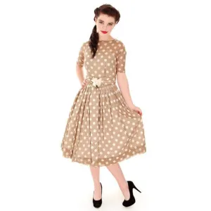 Vintage Taupe Cotton Polka Dot Dress Sheer Overlay 1950s 32-25-Free