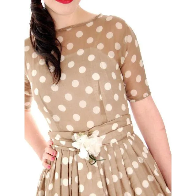 Vintage Taupe Cotton Polka Dot Dress Sheer Overlay 1950s 32-25-Free