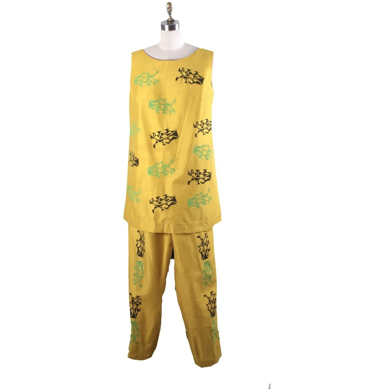 Vintage Tummey Hand Block Printed 1970s Pantsuit Yellow Tunic & Slacks S/M