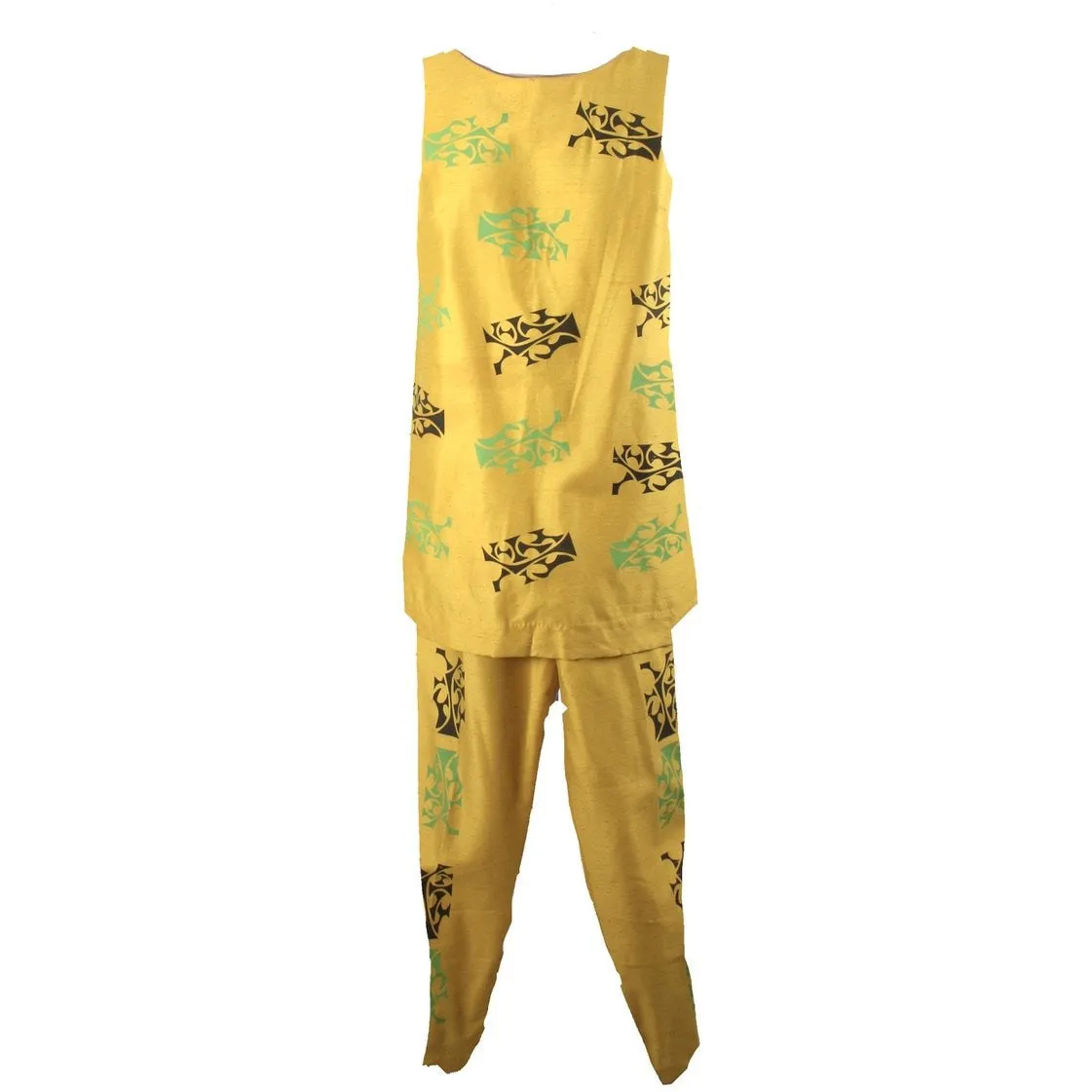 Vintage Tummey Hand Block Printed 1970s Pantsuit Yellow Tunic & Slacks S/M