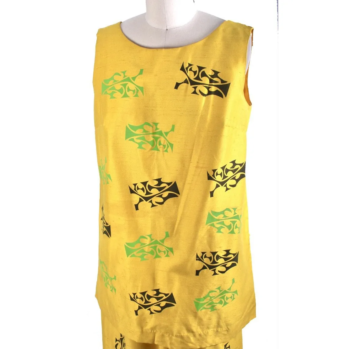 Vintage Tummey Hand Block Printed 1970s Pantsuit Yellow Tunic & Slacks S/M
