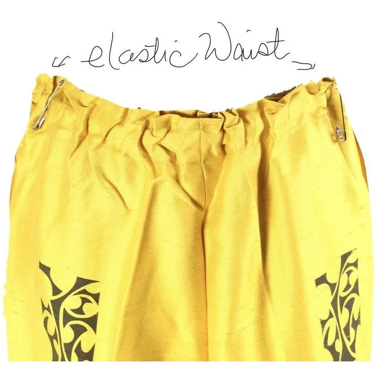 Vintage Tummey Hand Block Printed 1970s Pantsuit Yellow Tunic & Slacks S/M